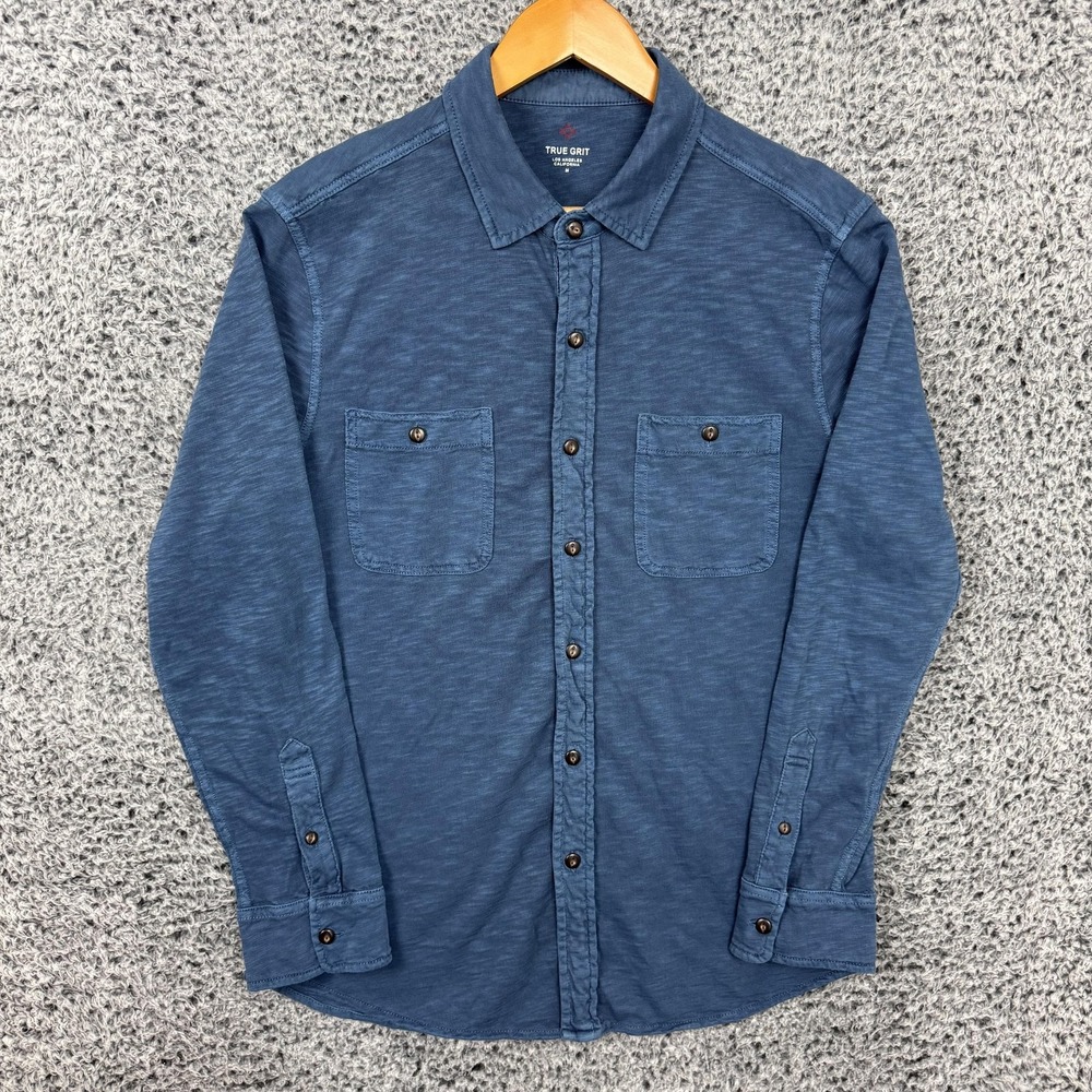 True Grit Shirt Mens Medium Blue Knit Button Up Two Pocket Casual Cotton